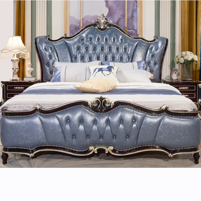 European-style bed Ebony solid wood bed top layer cowhide double wedding bed solid wood bedside table four-door wardrobe European-style dressing table