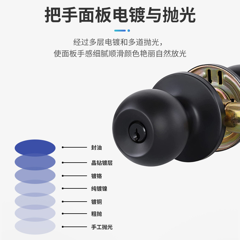 Hardware Three-Pole Ball Lock Black Anti-Theft Copper Lock Core Simple Door Handle Bedroom Door Silent Door Lock Cross-Border Wholesale