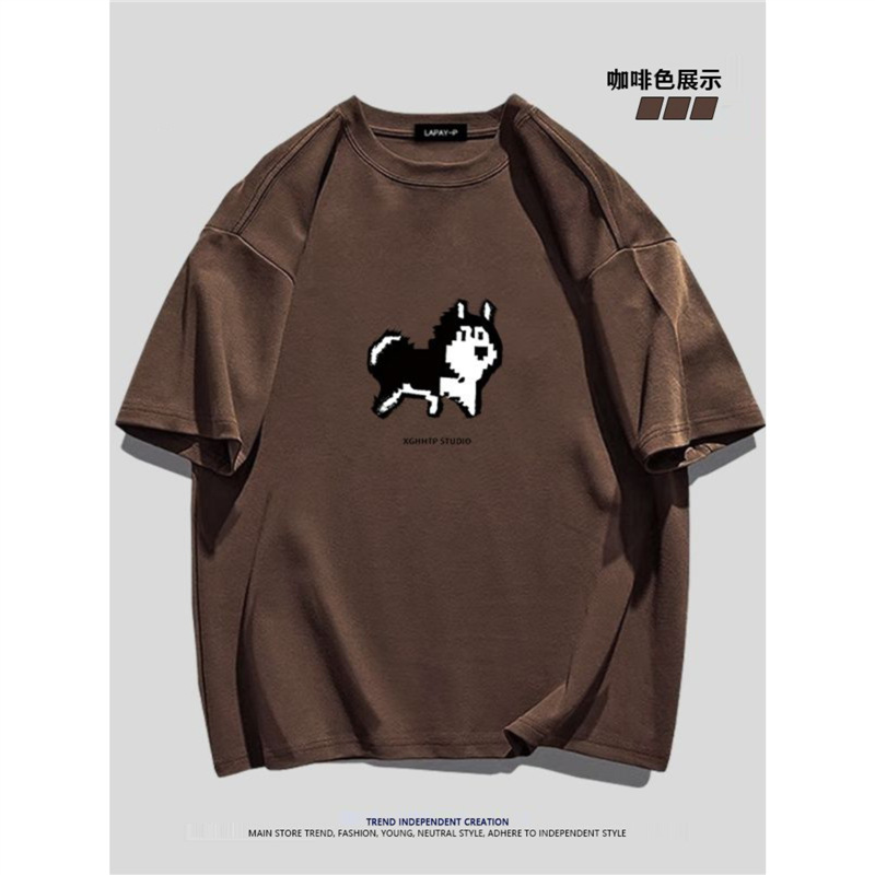Heavy Cotton Simple Cartoon Pixel Husky T-shirt Short-sleeved Couple's Ins Summer Casual Loose Top for Men