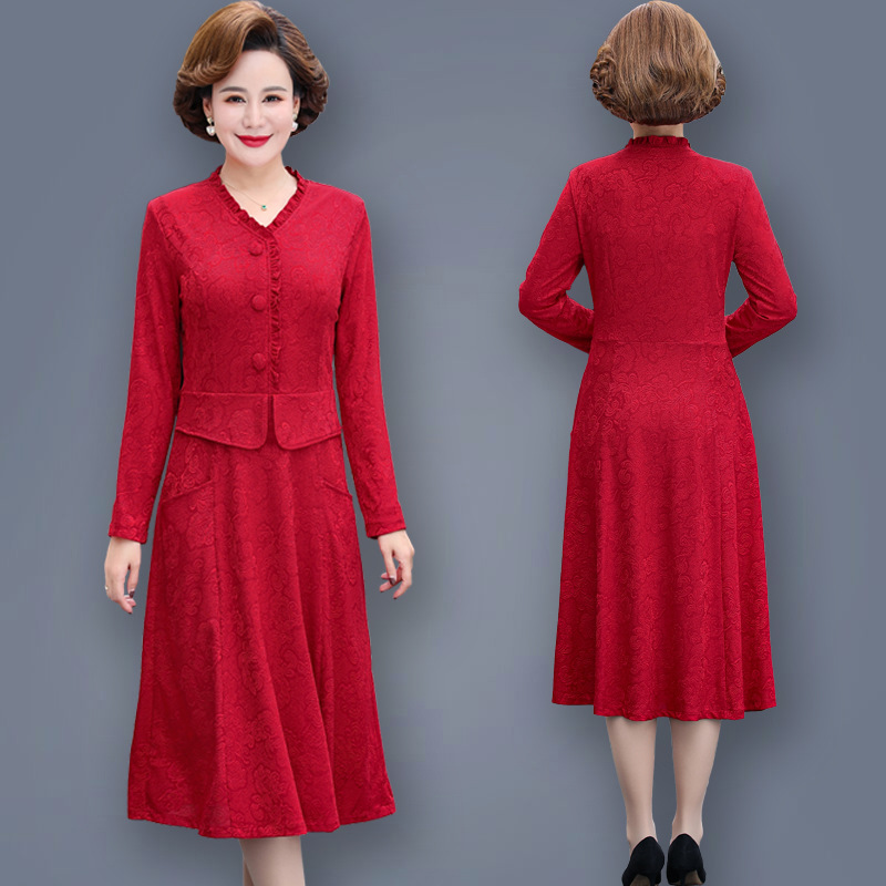 Mom fashion stitching dress mid-length middle-aged and elderly women's clothing plus size long sleeve spring new fake two-piece dress