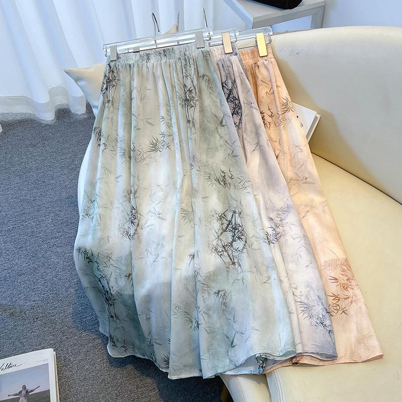 [1711 People Collected] Large Size New Chinoiserie Chinese Style Ink Painting Half-Length Skirt for Women Summer Fat mm High Waist Acetate