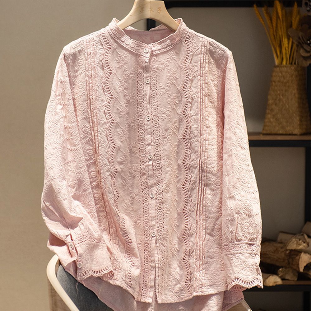 2024 New Lace Stand Collar Embroidered Literary Retro Shirt Women's Autumn New Hollow Loose Long Sleeve Top