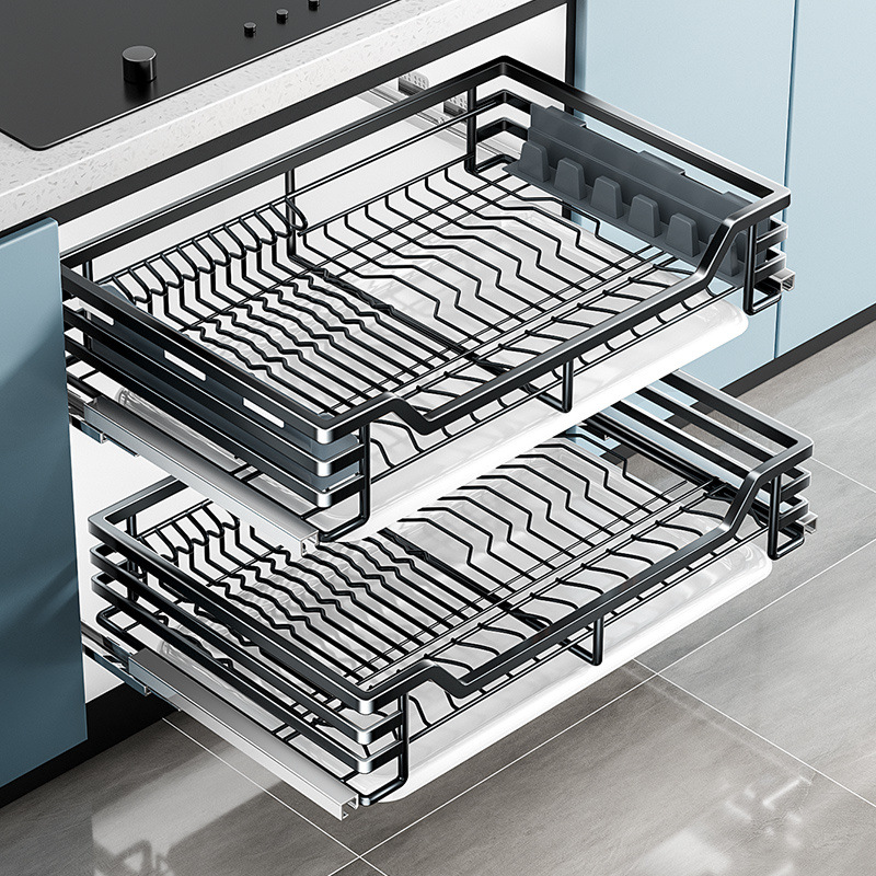 Mugosha Basket Kitchen Cabinet Drawer-Type Bowl Basket 304 Stainless Steel Square Steel Double-Layer Spice Cabinet Kitchen Cabinet Dishes and Bowls