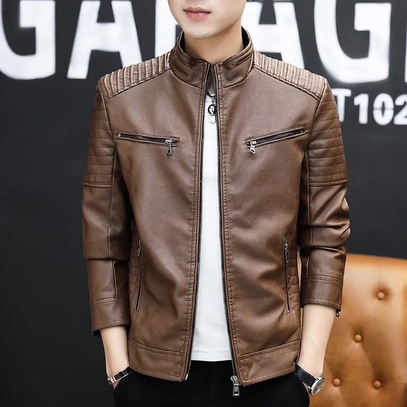 PU leather coat men's jacket spring/autumn/winter leather jacket slim-fit trendy thickened handsome casual motorcycle jacket