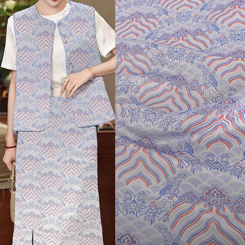 "FS020 River Cliff Pattern" Imitation Song Brocade Jacquard National Style Clothing Fabric Vest Jacket Coat Silk Satin Fabric