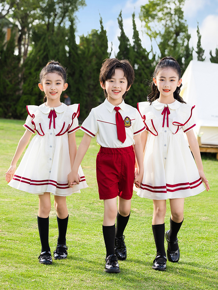 Children's Summer Short-sleeved White Shirt Skirt Class Clothes suit Primary School Students British Style School Uniform Kindergarten Garden Clothes Graduation Photo