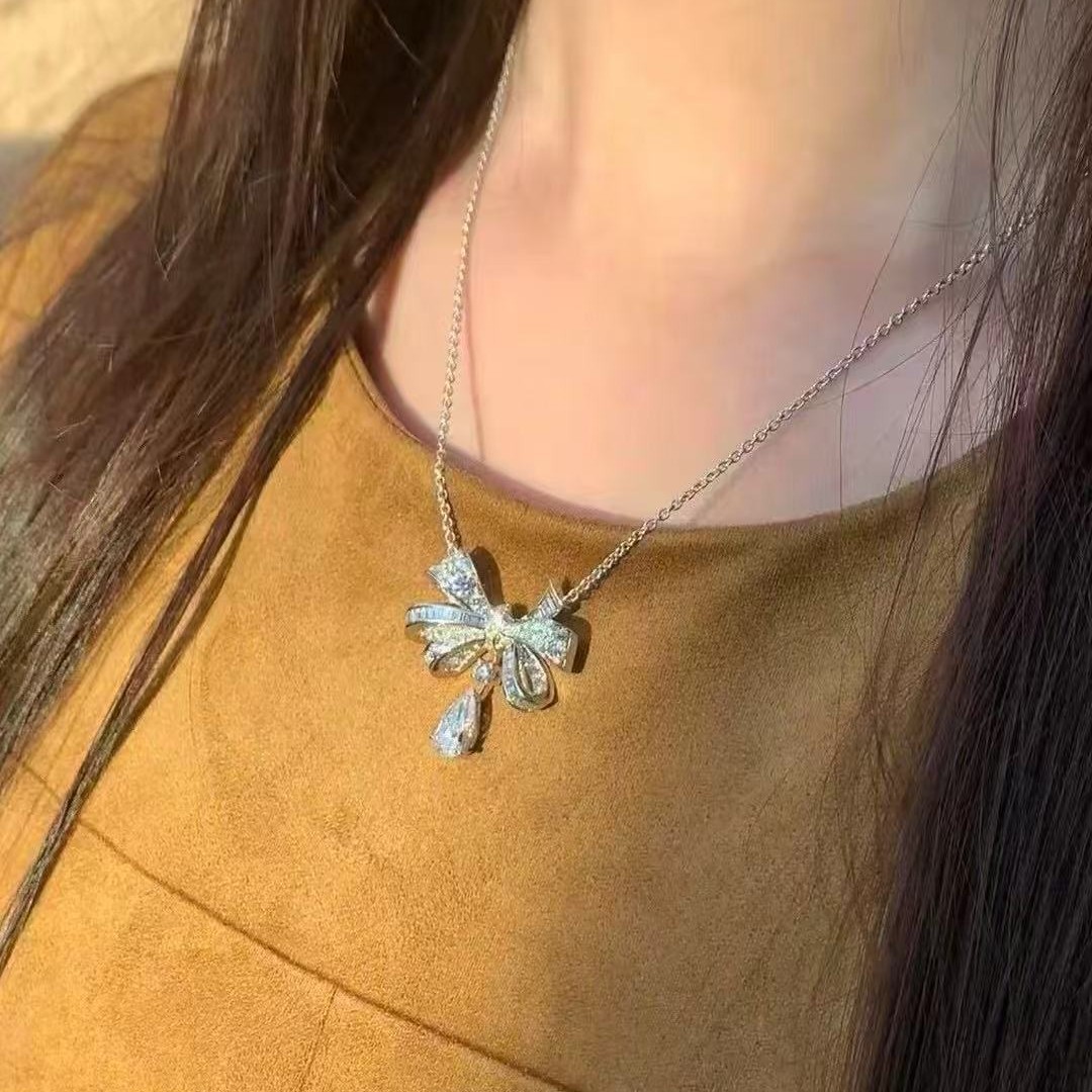 Full Diamond Zircon Bow Pendant Water Drop Simple Elegant Versatile Necklace Women's Clavicle Chain Neck Chain Simple Zircon Pendant
