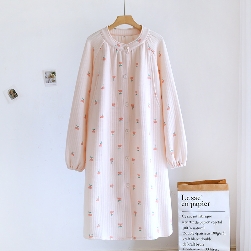 Pregnant women's long-sleeved nightdress nursing round neck spring/summer autumn long dress nursing dress sweet floral home dress