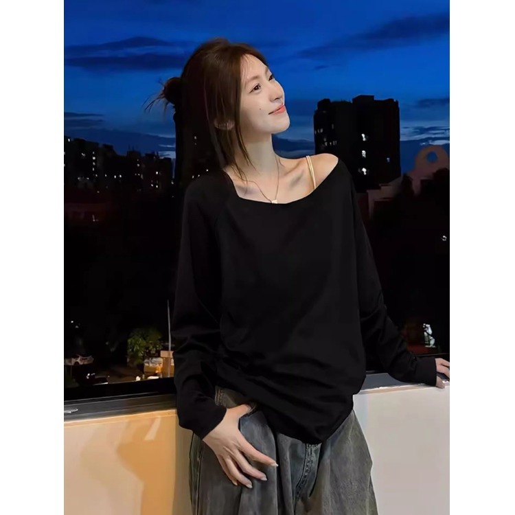 One-Shoulder Long-Sleeve T-Shirt for Women 2025 New Autumn Sexy Off-Shoulder Loose Pure Desire Style Slanted Shoulder Student Top for Women