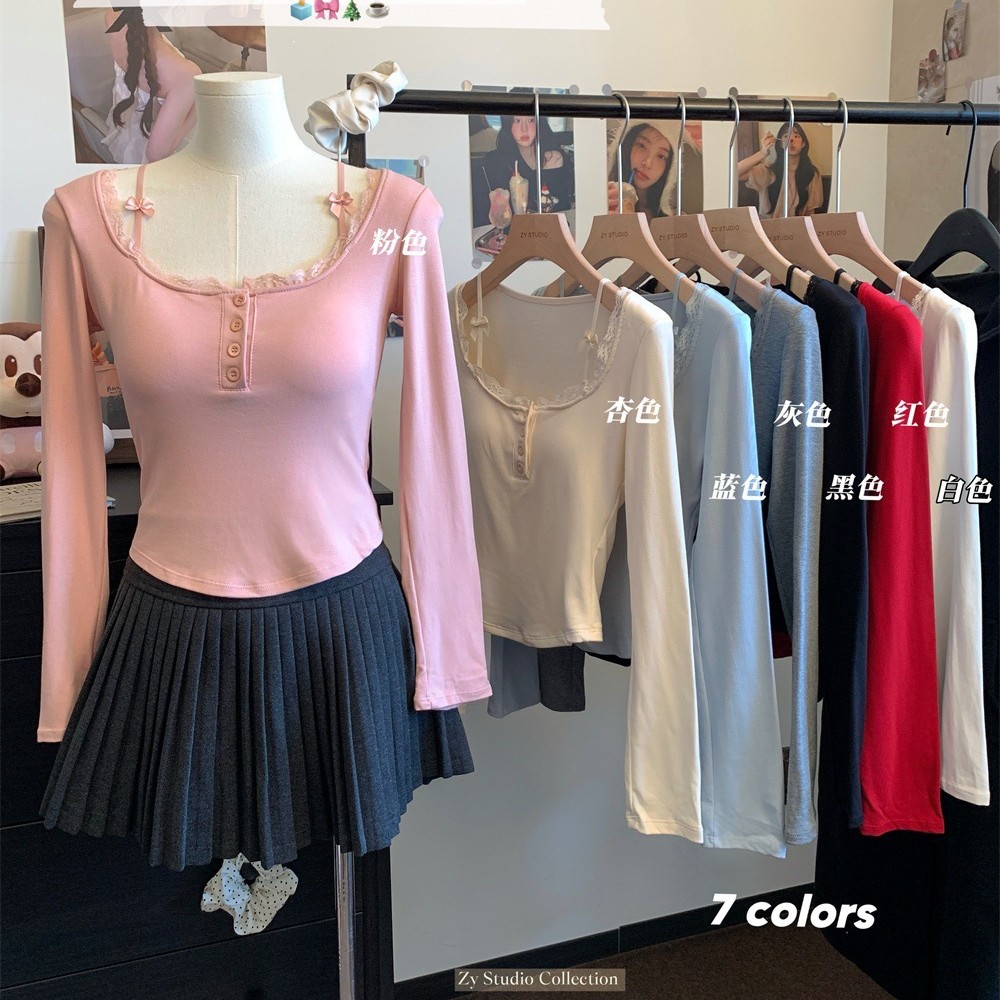 French Style Pure Desire Style Lace-Edge Long-Sleeved T-Shirt Autumn and Winter Sanding Slim-Fit Slimming Spice Girl Inner Sweet Base Top