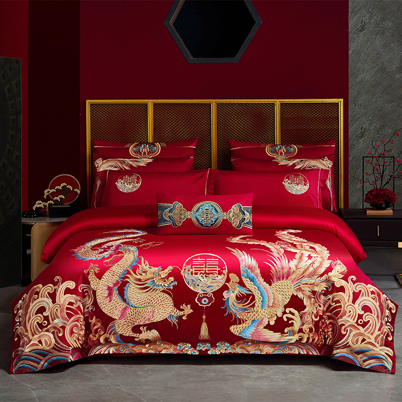 100% элитный комплект из четырех предметов из длинноволокнистого хлопка, большое красное покрывало с вышивкой дракона и феникса