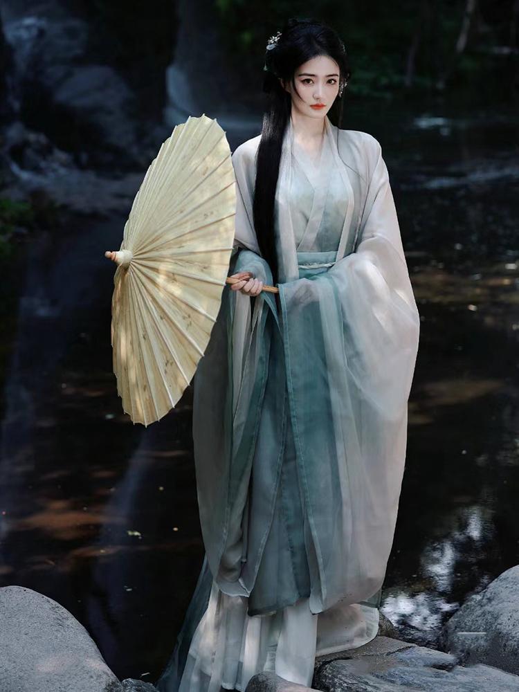 Xu Lu's Same Style Hanfu Female Wei Jin Southern and Northern Dynasties Ancient Costance Cool Sense Big Sleeve Shirt with Neck and Waist-length Skirt Wide Sleeve suit