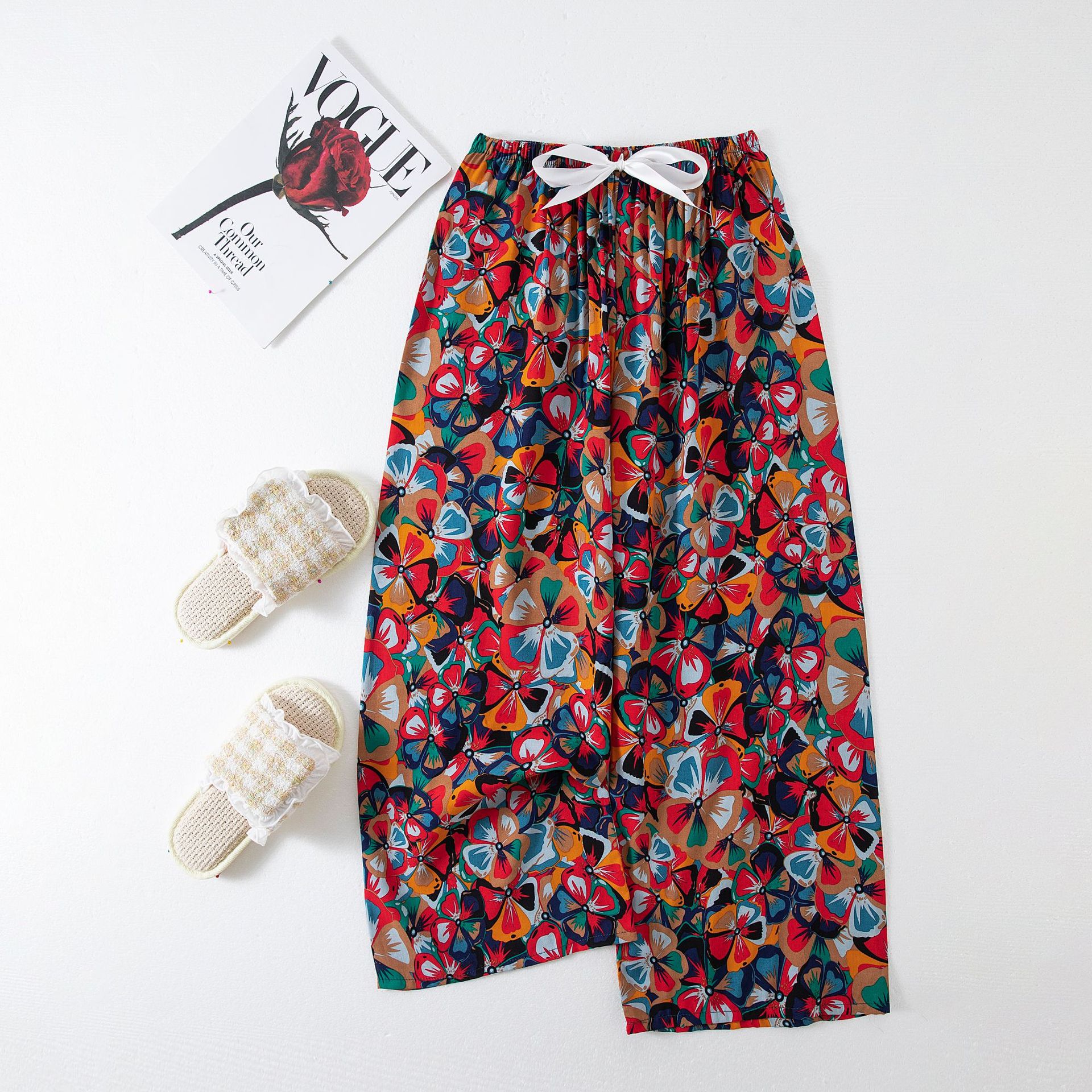 Cotton silk pajama pants women's spring and summer artificial cotton beach pants can be worn outside plus size cotton silk home wear cropped pants