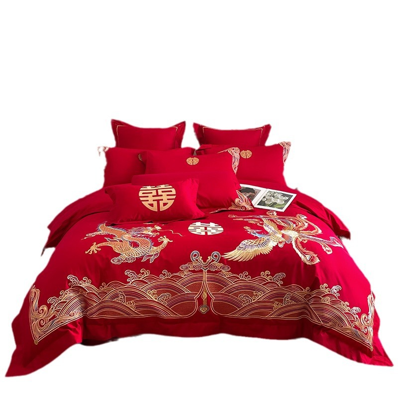 Wedding Big Red Four-Piece Set Wedding Quilt Cover Bed Sheet Wedding Room Washed Cotton Wedding Quilt Bed Cover Bedding
