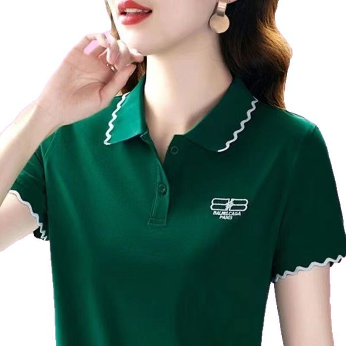 Cross-Border Polo Shirt Short-Sleeved T-Shirt for Middle-Aged Mothers Summer Tops Lapel Casual Summer White Loose Lapel