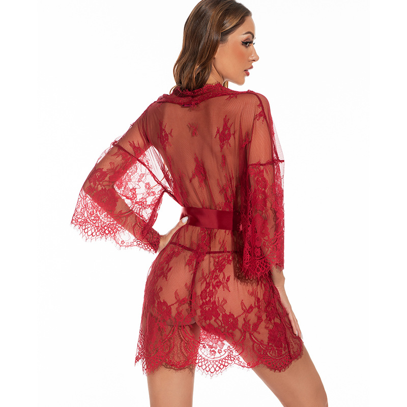 Foreign Trade Ladies Lace Temptation Perspective Sexy Nightgown Blooddrops Bathrobe Cross-border European and American Style Loose Sex Underwear