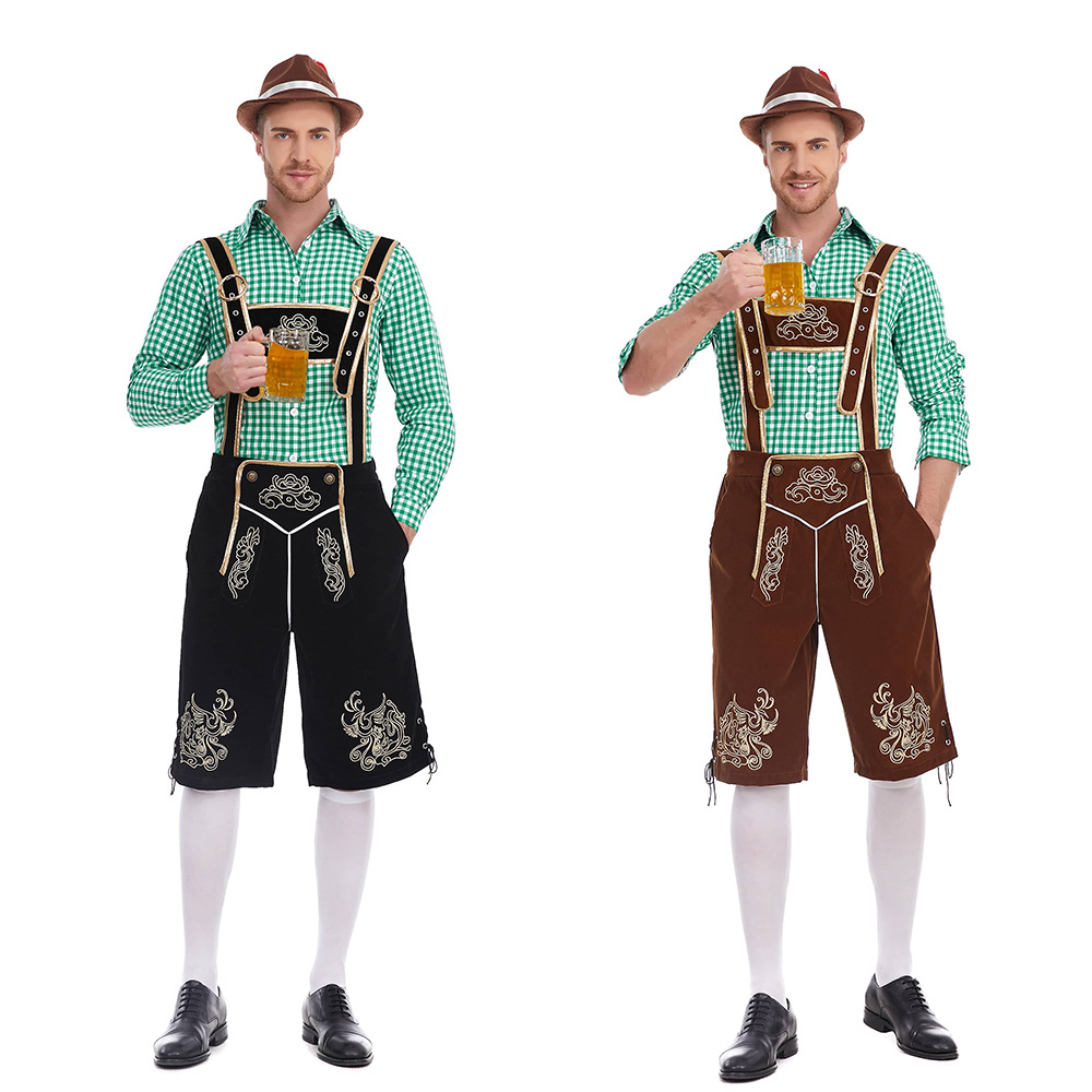 Bavarian German national traditional men's beer festival clothing plaid shirt embroidered suspender pants with hat suit