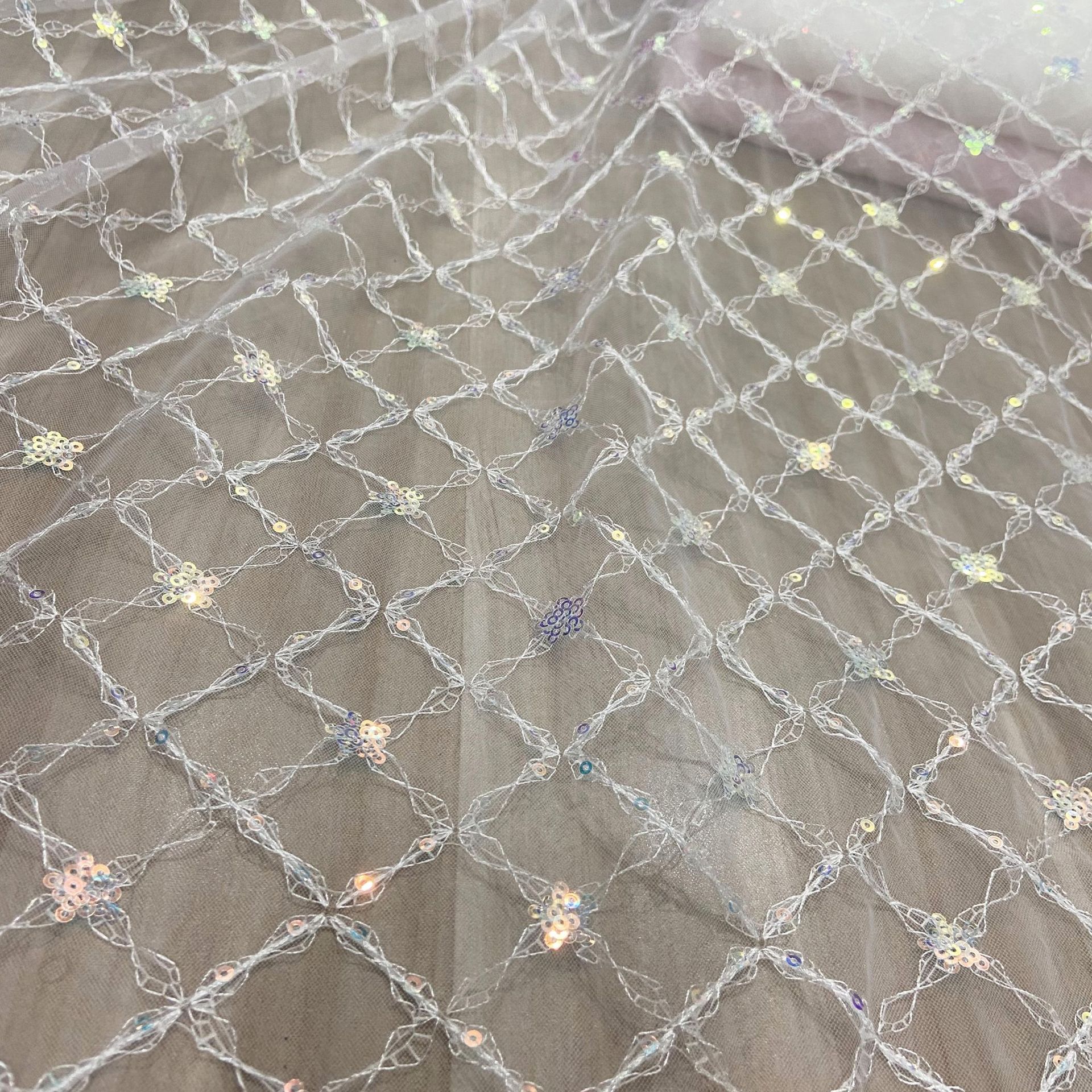 Bead embroidered lace fabric manufacturers sequin embroidered check mesh small fresh spring and summer women's clothing children's dress fabric