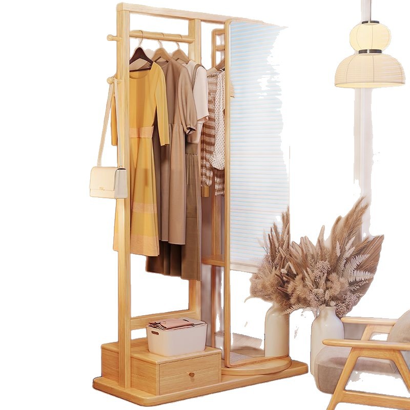 All Solid Wood Coat Rack Integrated Mirror Dressing Mirror Floor-Standing Clothes Rack Living Room Bedroom Entrance Door Home Full-Length Mirror