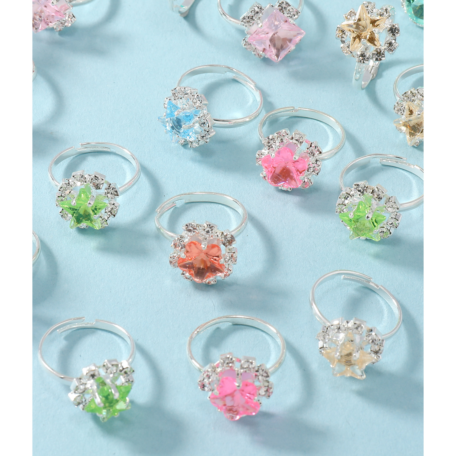 Korean version of the new imitation silver children's ring women's inlaid colored diamond ring cute Joker bulk jewelry manufacturers wholesale