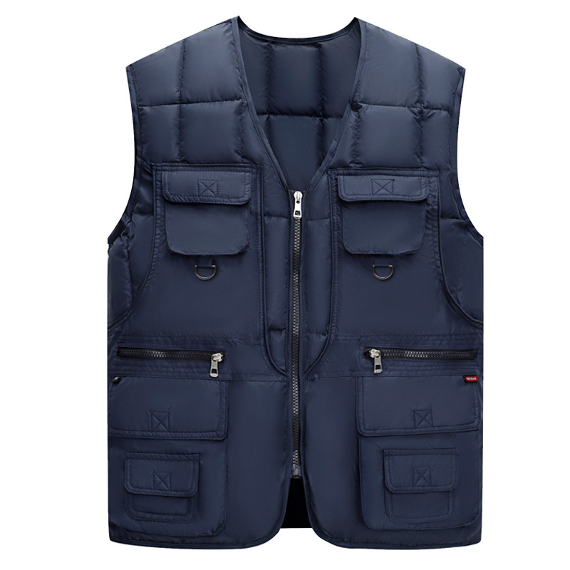 Autumn and Winter New Men's Down Cotton Vest Thickened Warm Casual Dad Vest Wear Ten Pockets Waistcoat Inside and Outside
