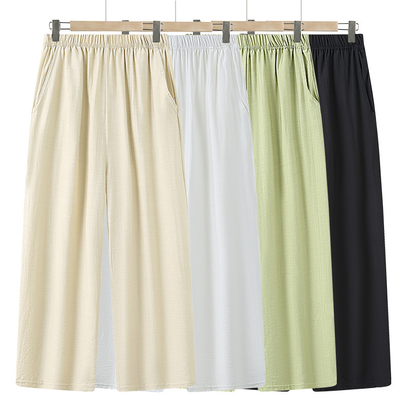Grandma Cotton and Linen Women's Pants Summer Thin Mom Pants Linen Casual Pants Summer Large Size Loose Nine-Point Wide Leg Pants