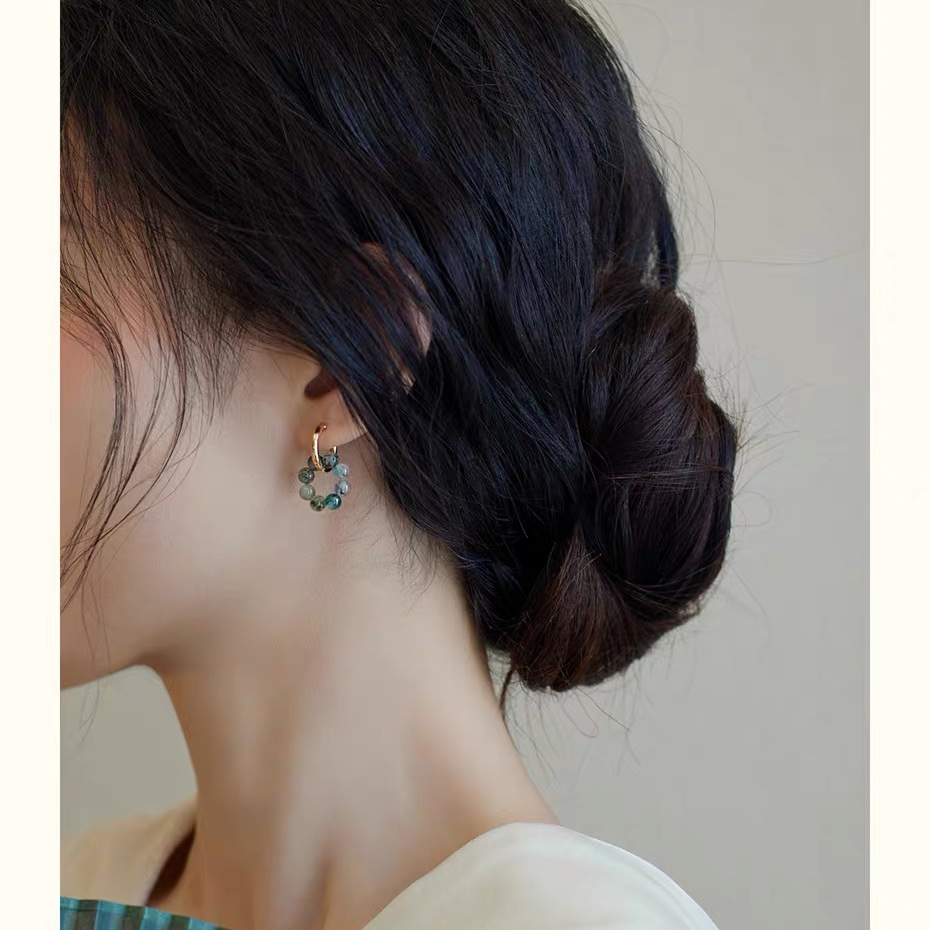 Quiet Good Time Exquisite Design Natural Aqua Grass Agate Golden Ear Ring Niche High-grade Personality Earrings