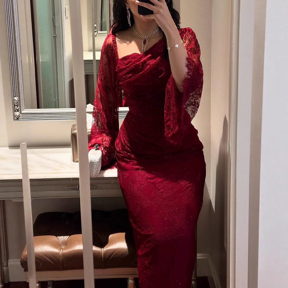 Весеннее кросс-бордовое вечернее платье с кружевом и горячими стразами, Amazon