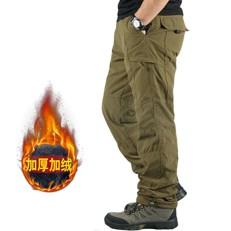 Winter fleece-lined thickened overalls men's outdoor warm Men's cotton pants straight plus size multi-pocket casual pants men