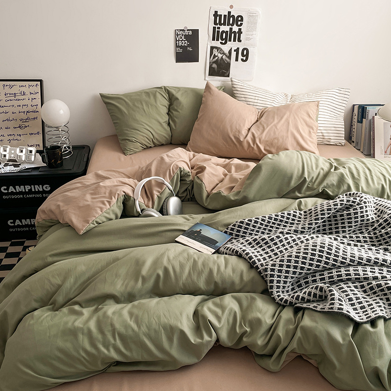 Ins Solid Color Double Wash Cotton Bed Four-piece Set Class A Super Soft Bed Sheet Quilt Cover Bed Cover Student Dormitory Three-piece Set