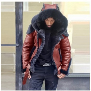 Q027 cross-border AliExpress men's imitation leather plus velvet padded fur one-piece short zipper coat hooded men's coat