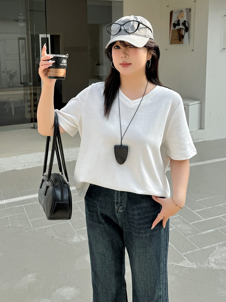 Enoch plus size Women's Crewneck/V-neck Solid Color T-shirt Women's 2025 Spring New Pullover Simple Top 132063