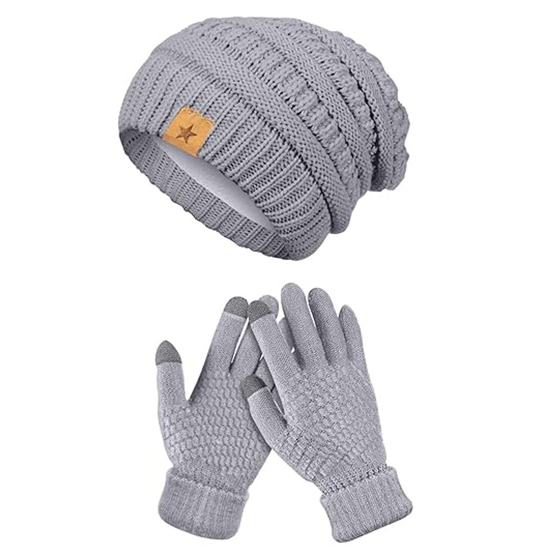 Amazon's Hottest Winter Fashion Knitted Woolen Hat Women's Warm Hat Gloves Two-Piece Set Thickened Velvet Cold Hat