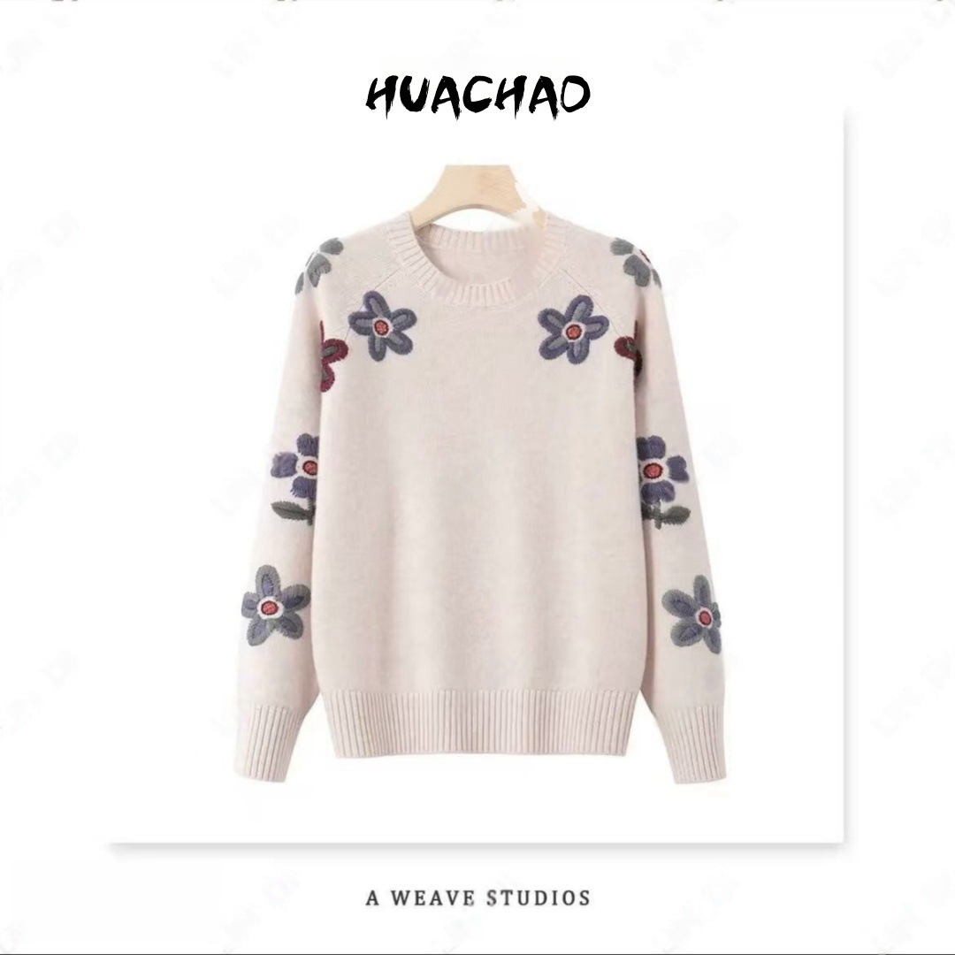 [Цветы подсолнуха] Мечтательный глазурованный классический свитер с цветами—14207