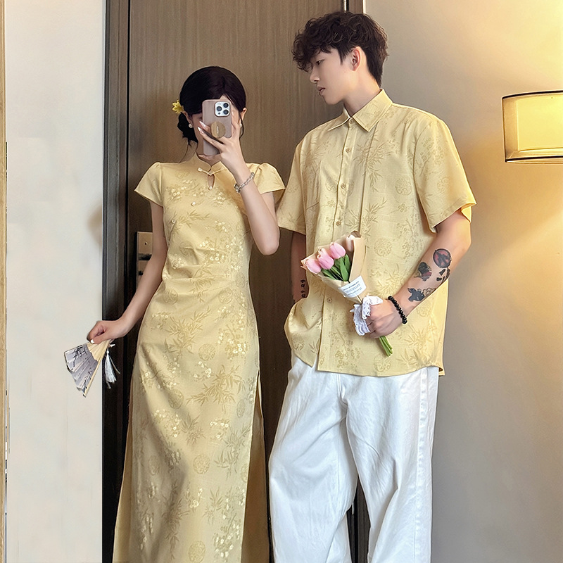 2025 Summer New Chinese Style Artistic Women's Improved Cheongsam National Style Stand Collar Elegant Embroidered Dress Couple Outfit