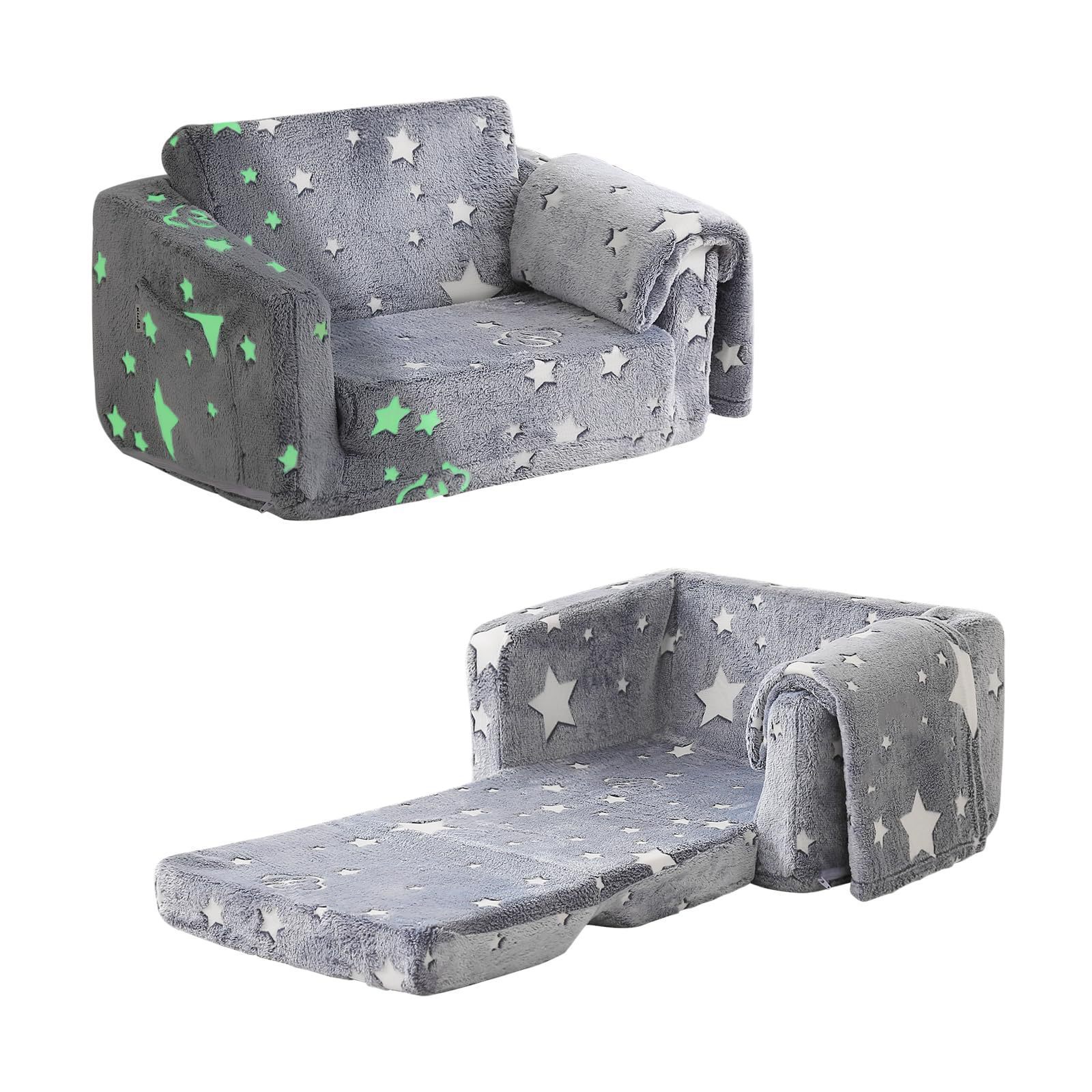 Glowing Cartoon Children's Sofa Chair with Printed Single-Seat Compressible Roll-Up Sponge, Star and Unicorn Pattern, Portable