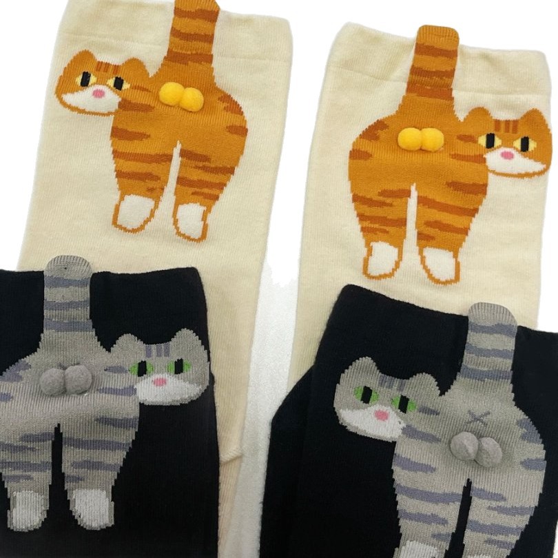 Summer In-Stock Abstract 3D Cat Egg Socks Mid-Calf Socks for Women Cute Quirky Cat Ins Japanese Style Long Socks for Women