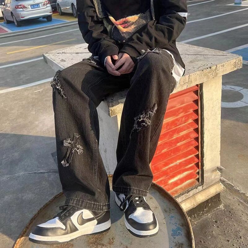 High Street American Style Patch Jeans Men's Trendy Brand Hip-Hop Pants with Flash Edge Design Sense Zipper Long Pants for Young Men