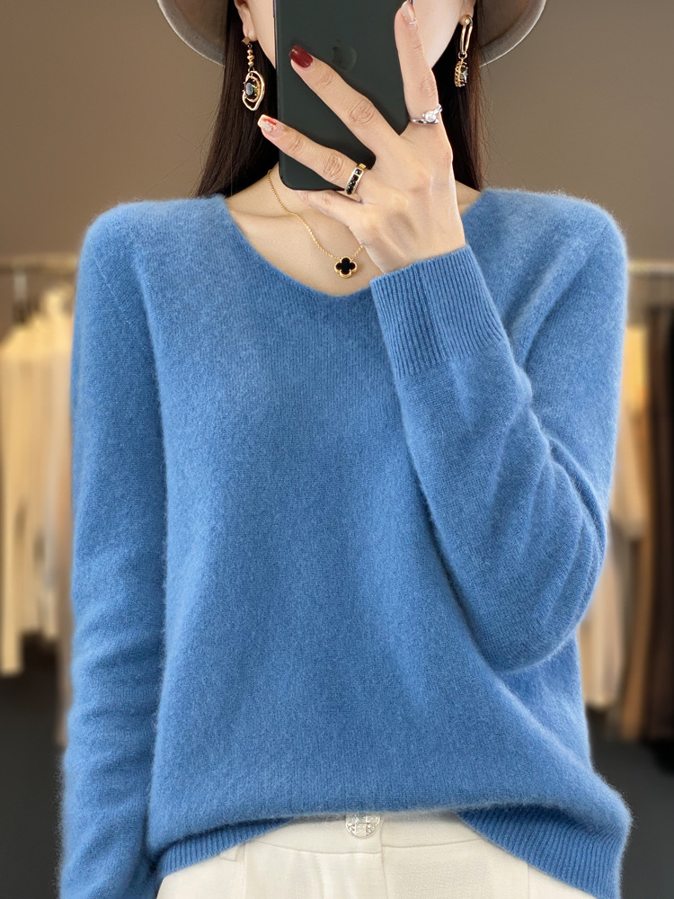 Autumn and Winter First-Line Seamless 100 Wool Sweater Women's V-Neck Loose Cashmere Base Sweater Knitted Sweater Women's Inner Top
