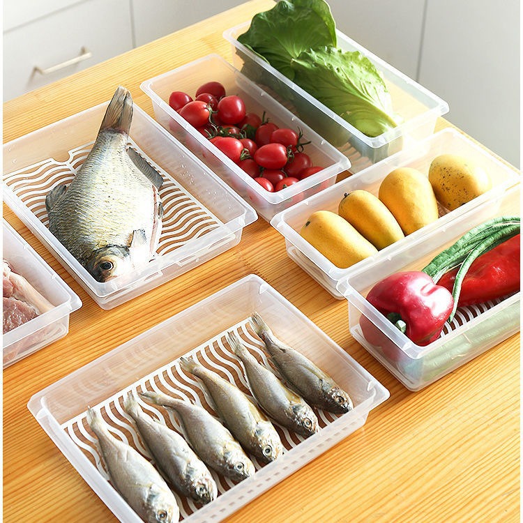 Refrigerator Frozen Fish Drain Box Kitchen Classification Storage Box Plastic Rectangular Refrigerated Storage Box with Lid
