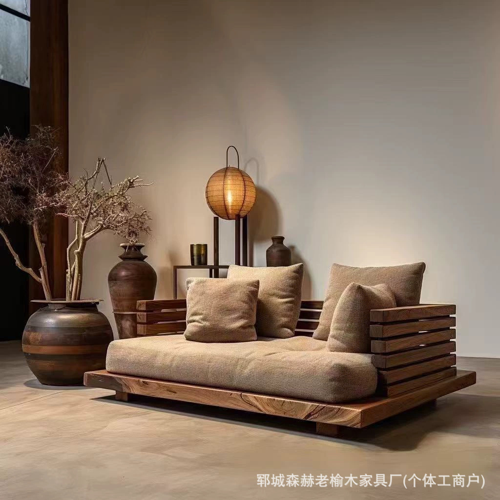Quiet Style Old Elm Sofa Chair Single Double Casual Chair Solid Wood Floor Backrest Sofa Chair Balcony Casual Chair