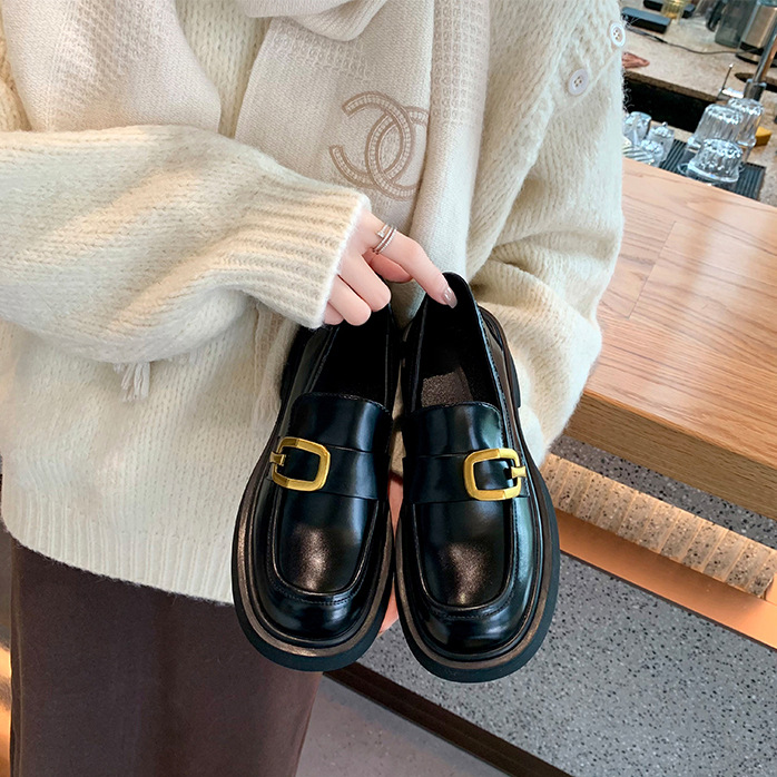 Sheepskin Version ~ Noble Gold Buckle Round Toe British Style Lazy Thick Heel Loafers Women's Genuine Leather Thick-Soled Small Leather Shoes Flats