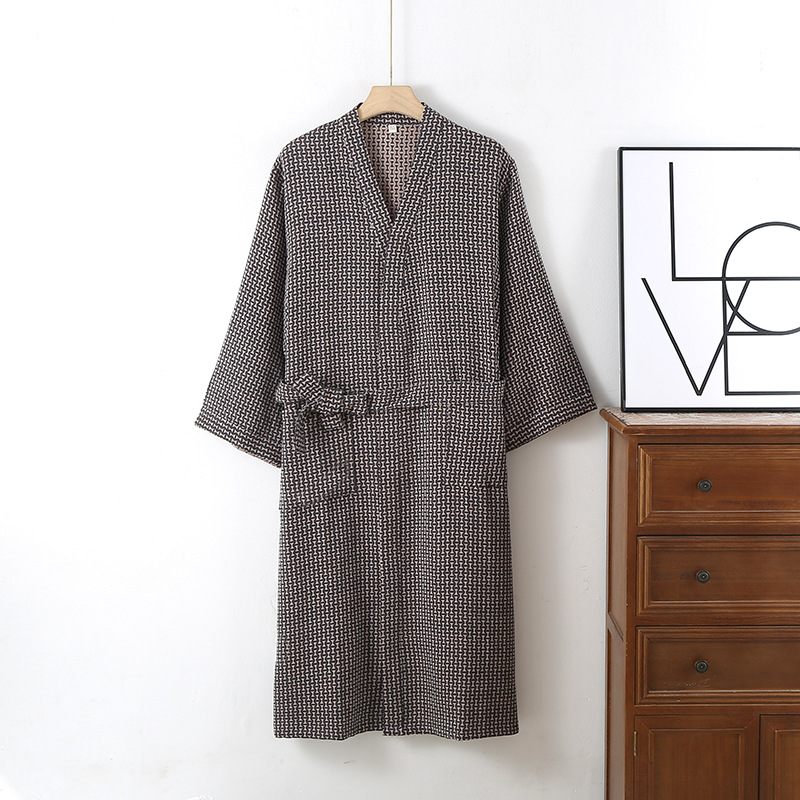 Men's Kimono Nightgown Pure Cotton Yarn-Dyed Jacquard Pajamas Mid-Length Autumn and Winter Large Size Bathrobe Pajamas for Men