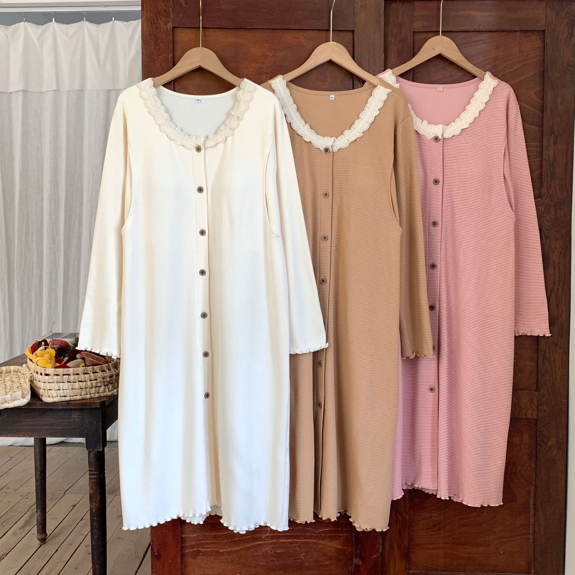 in stock 88155 Four Seasons Nightdress with Chest Pad Long Sleeve Loose Mid-length Pregnant Women's Home Dress