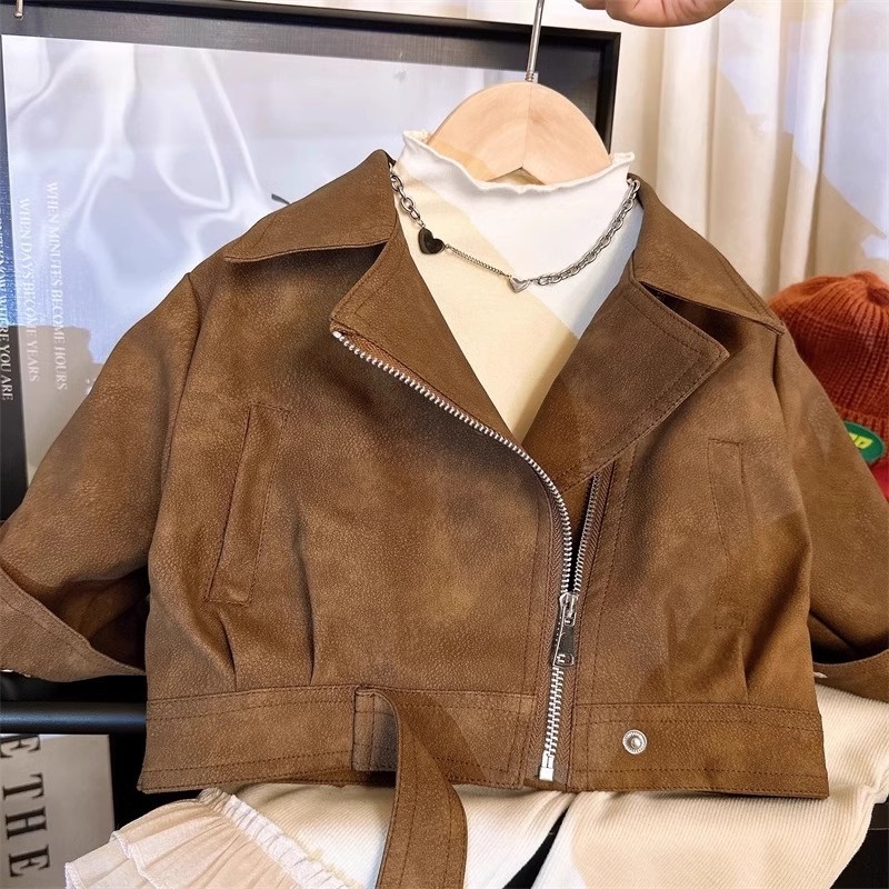 Children's Maillard Leather Coat 2024 Spring and Autumn New Children's Loose Lapel Retro Biker Suit