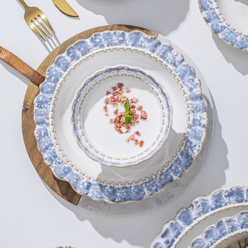 Smoke Blue tableware creative series bowl and dish set kiln change simple household ceramic underglaze color Rice Bowl factory wholesale