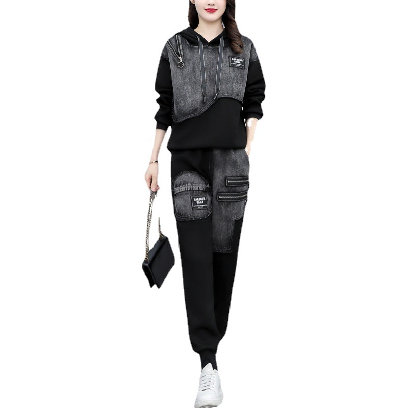 Fat sister slimming Denim suit Korean women's 2025 new spring and autumn leisure sports sweater pants two-piece set