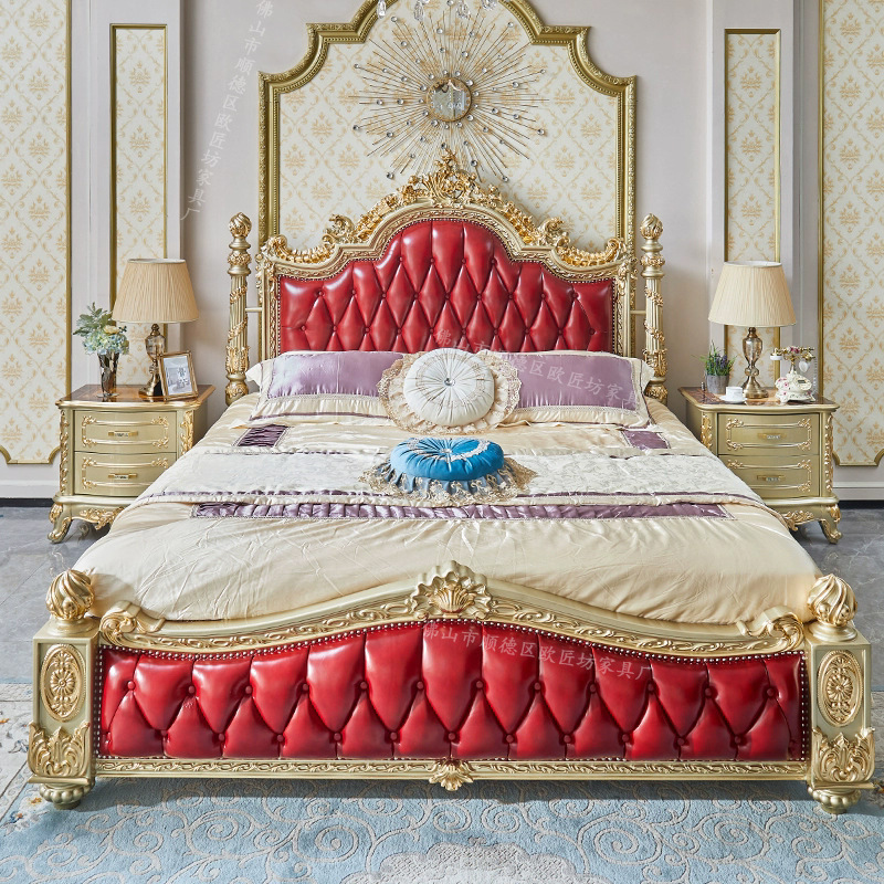 Европейская кожаная двойная кровать, ручная резьба, французский стиль 1.8м, кровать для королевской спальни из массива дерева