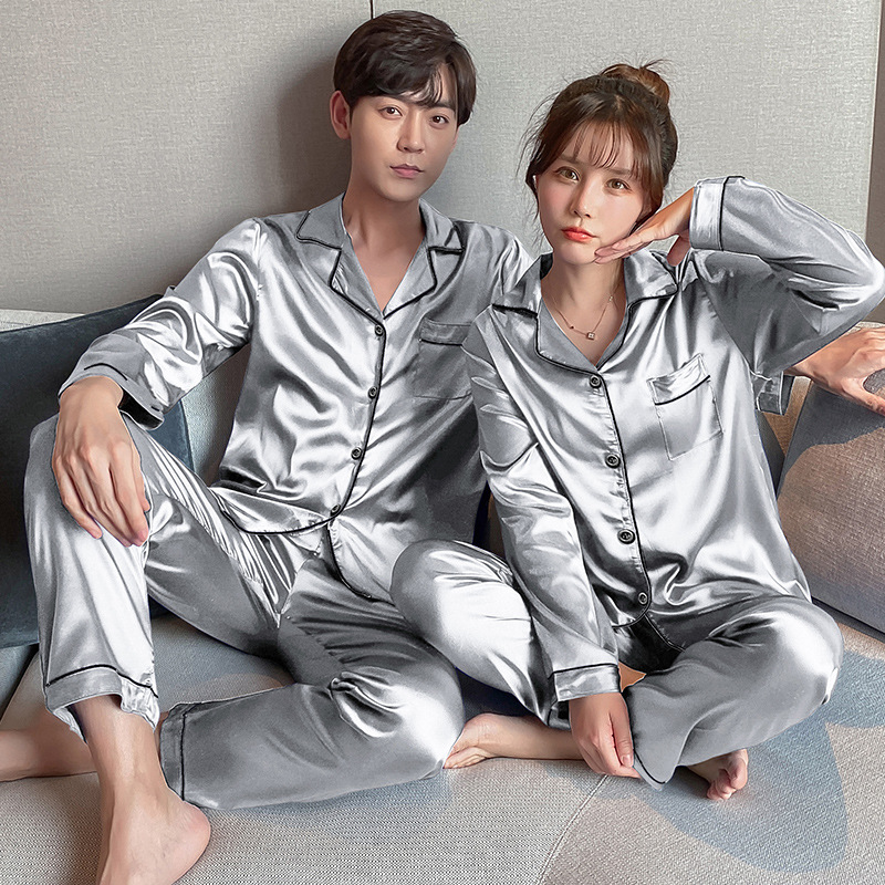 Couple Pajamas Ice Silk Summer Long-Sleeved Women's Cardigan Casual Loose Spring and Autumn Men's Middle-Aged and Young People's Large Size Home Clothes