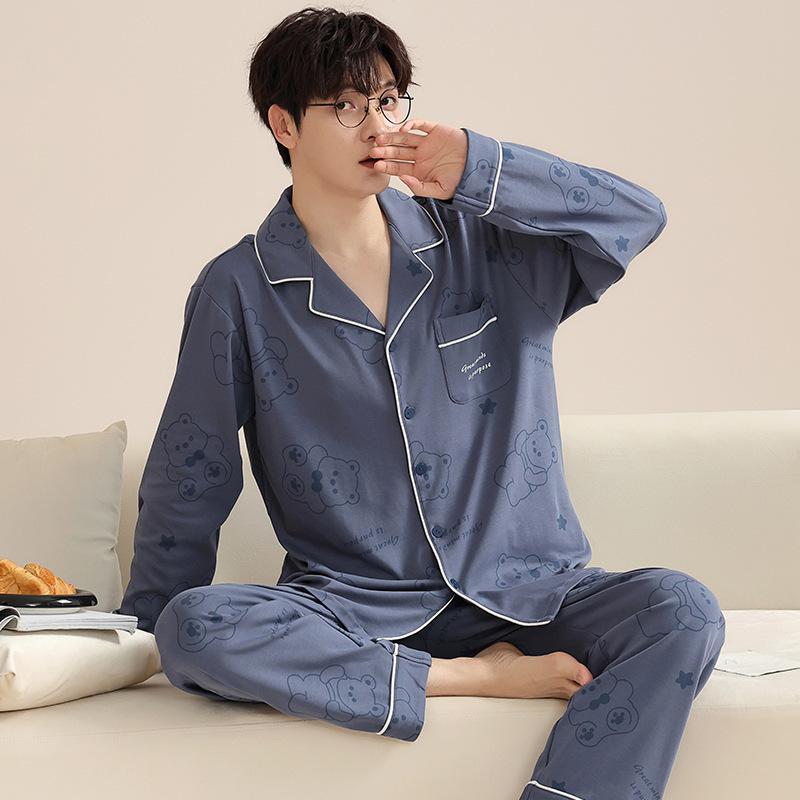Pajamas Boys Spring and Autumn Long Sleeve Thin Cartoon Fashion Students Fall plus size Lapel Men's Home Clothes suit